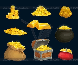 Cartoon golden coins, nugget, chest, wallet ui set - vector image