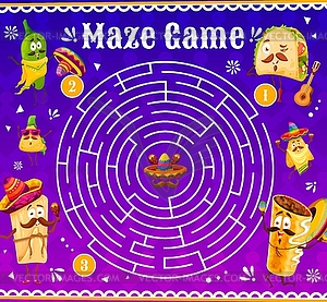 Labyrinth maze game with mexican food characters - vector clip art