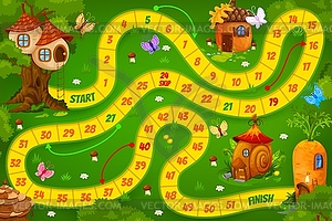 Kids board game with fairy, elf cartoon houses - vector image