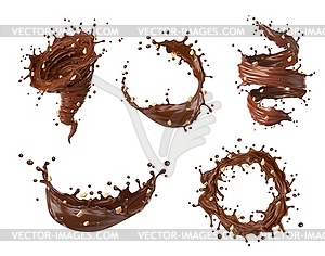 Chocolate, cocoa and coffee milk splashes, tornado - vector clipart