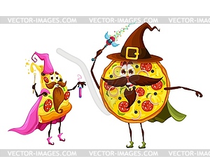 Cartoon pizza with salami wizard funny characters - vector image