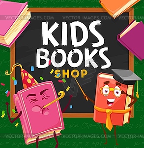 Kids book shop, cartoon book characters, bookstore - stock vector clipart