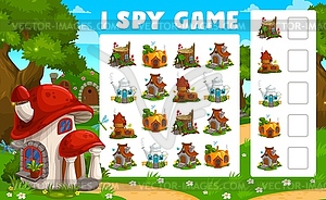 I spy game worksheet with cartoon fairy houses - vector clipart