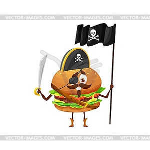 Cartoon hamburger pirate captain with flag - vector clipart