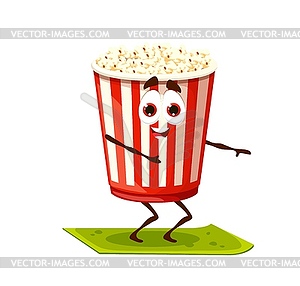 Cartoon popcorn bucket character on yoga fitness - royalty-free vector image