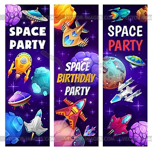 Space party, cartoon spacecrafts, starship rockets - vector clip art