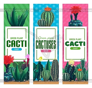 Flower shop banners, cacti, succulents set - vector image