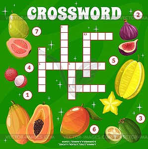 Tropical raw fruits crossword grid, find word game - vector clipart