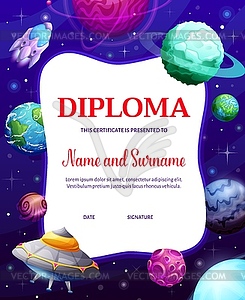 Kids diploma with UFO and space rocket in galaxy - vector image