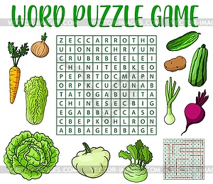 Word search game worksheet with farm vegetables - vector image