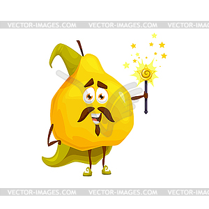 Cartoon yellow pear fruit wizard character, quince - vector clip art