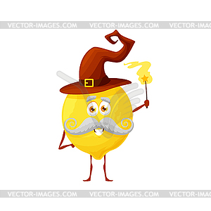 Cartoon ripe lemon fruit wizard magician character - vector image