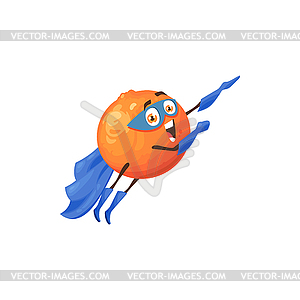 Flying cartoon orange fruit, superhero character - vector image