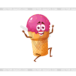 Emoticon cherry ice cream scoop in waffle cone - vector image