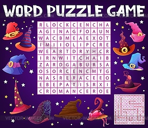 Halloween wizard and witch hats word search puzzle - vector clipart