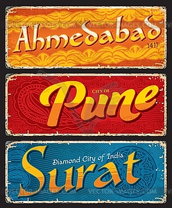 Ahmedabad, Pune, Surat, Indian city travel plates - vector clip art