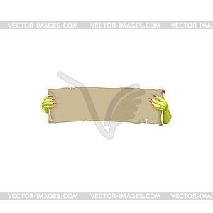 Zombie cartoon hands with nails hold banner scroll - vector image