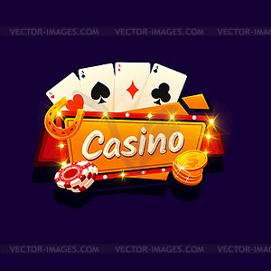 Casino gamble game, poker cards, coins signboard - vector clipart