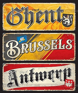 Antwerp, Ghent, Brussels, Belgium travel stickers - vector clipart