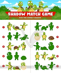 Shadow match game, cartoon turtle, tortoise animal - vector image