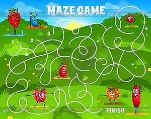 Labyrinth maze game, cartoon berries on yoga - vector image