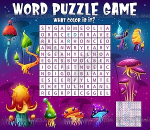 Word search puzzle worksheet, find mushroom color - vector clipart