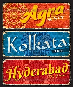 Agra, Kolkata, Hyderabad, Indian city stickers - stock vector clipart