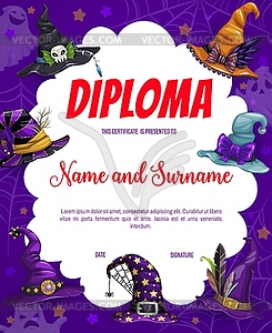 Halloween kids diploma, cobweb, witch wizard hats - vector clipart