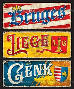 Liege, Bruges, Genk, Belgian city travel stickers - vector image