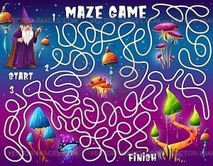 Labyrinth maze game, help wizard find mushroom - vector clipart