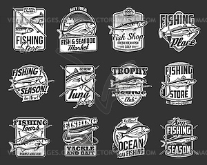 Fishing store and sport monochrome icons with fish - stock vector clipart