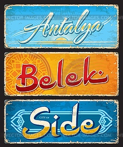 Antalya, Belek, Side, Turkish city travel stickers - vector clip art