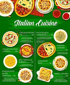 Italian cuisine menu, Italy restaurant food dishes - vector clipart