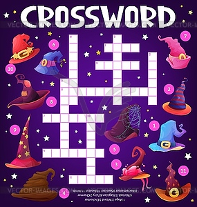 Witch and wizard hats, crossword puzzle worksheet - vector clipart