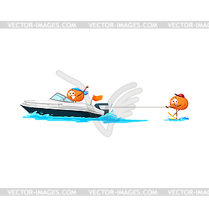 Cartoon funny mandarin fruits on jet ski - vector image