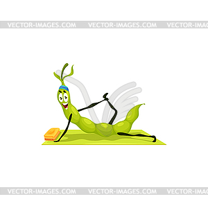 Cartoon green pea funny bean pod character on yoga - vector clip art