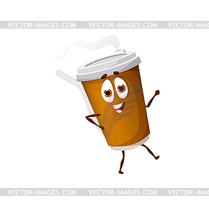 Cartoon coffee paper cup character dancing, mascot - vector image