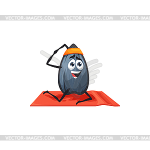 Cartoon sunflower seed happy character on yoga - vector clipart