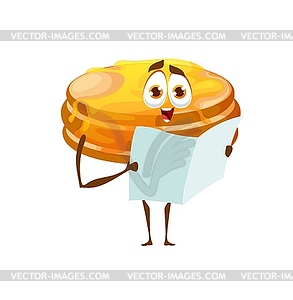 Cartoon pancake character reading book, personage - vector image