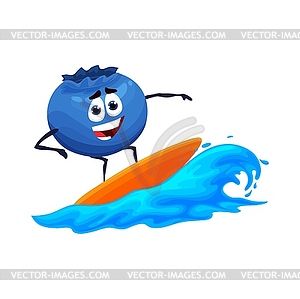 Cartoon blueberry character on surfboard at sea - vector clip art