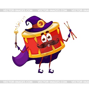 Cartoon drum wizard character, magician instrument - vector image