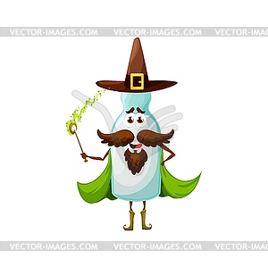 Cartoon mexican tequila mage character, bottle wiz - vector image