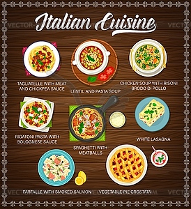 Italian cuisine menu, restaurant food dishes meals - vector image