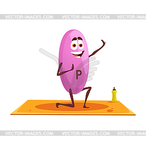 Cartoon cheerful phosphorus character on yoga - vector image