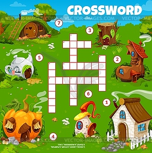 Cartoon fairy houses crossword grid worksheet game - vector clipart