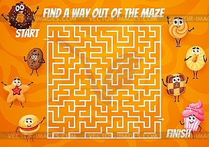 Cartoon bakery pastry cakes, labyrinth maze game - vector image