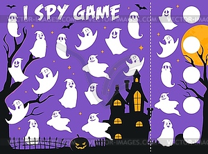 I spy game, Halloween ghosts on cemetery, puzzle - vector clipart