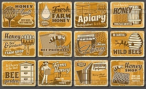 Honey beekeeping apiary, beekeeper hives posters - vector EPS clipart