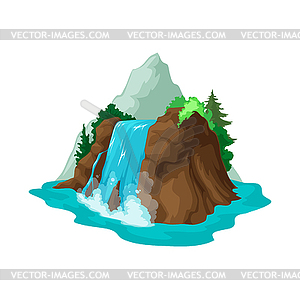 Mountain, pine tree, game asset. Cartoon waterfall - vector image