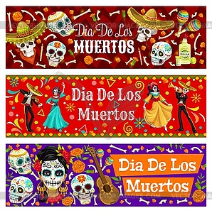 Диа-де-лос-Муэртос мексиканские персонажи сахарные черепа - рисунок в векторном формате